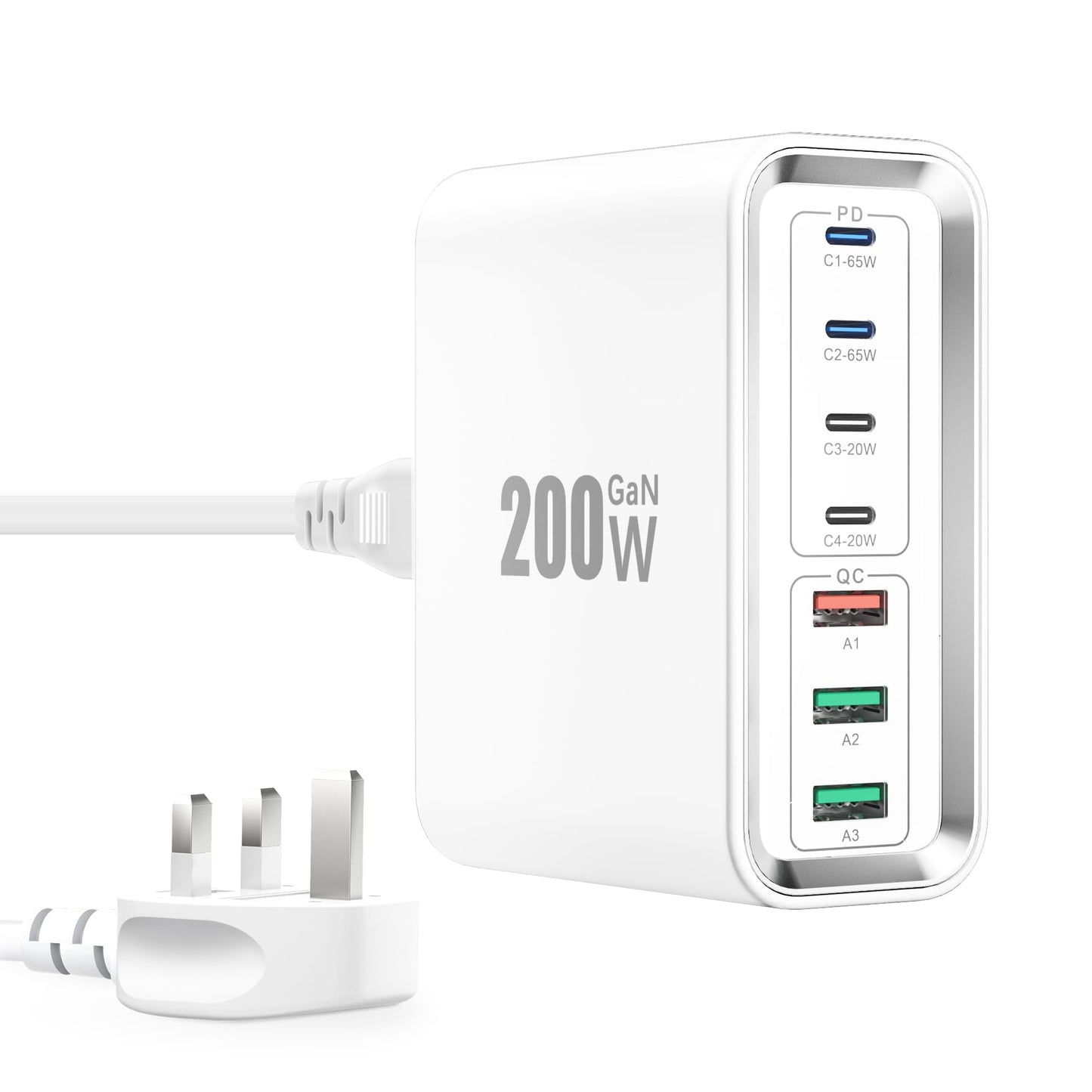 Super Fast Charging Station, 200W GaN 7-Ports Charger Station Hub, Mutil USB Chargers Wall Plug 65W USBC Charger for MacBook Pro/Air, iPads,