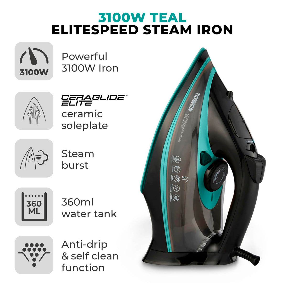 Tower CeraGlide T22013TL Ultra Speed Iron with Ceramic Soleplate Variable Steam Function, 3100W, Black & Teal