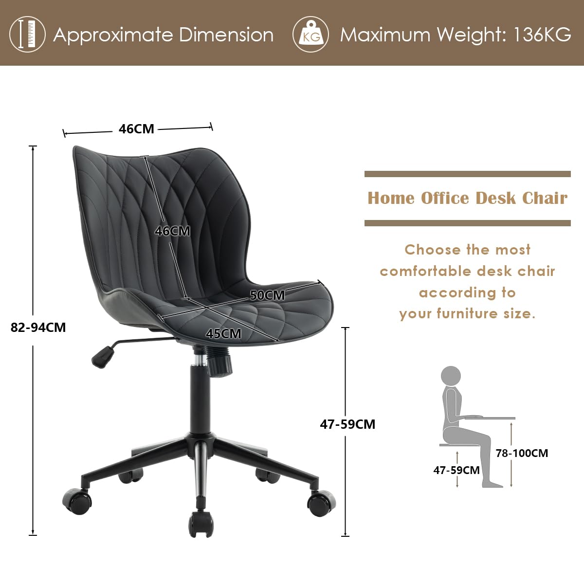 YOUNUOKE Desk Chair Adjustable Home Office Chair with Wheels, Black