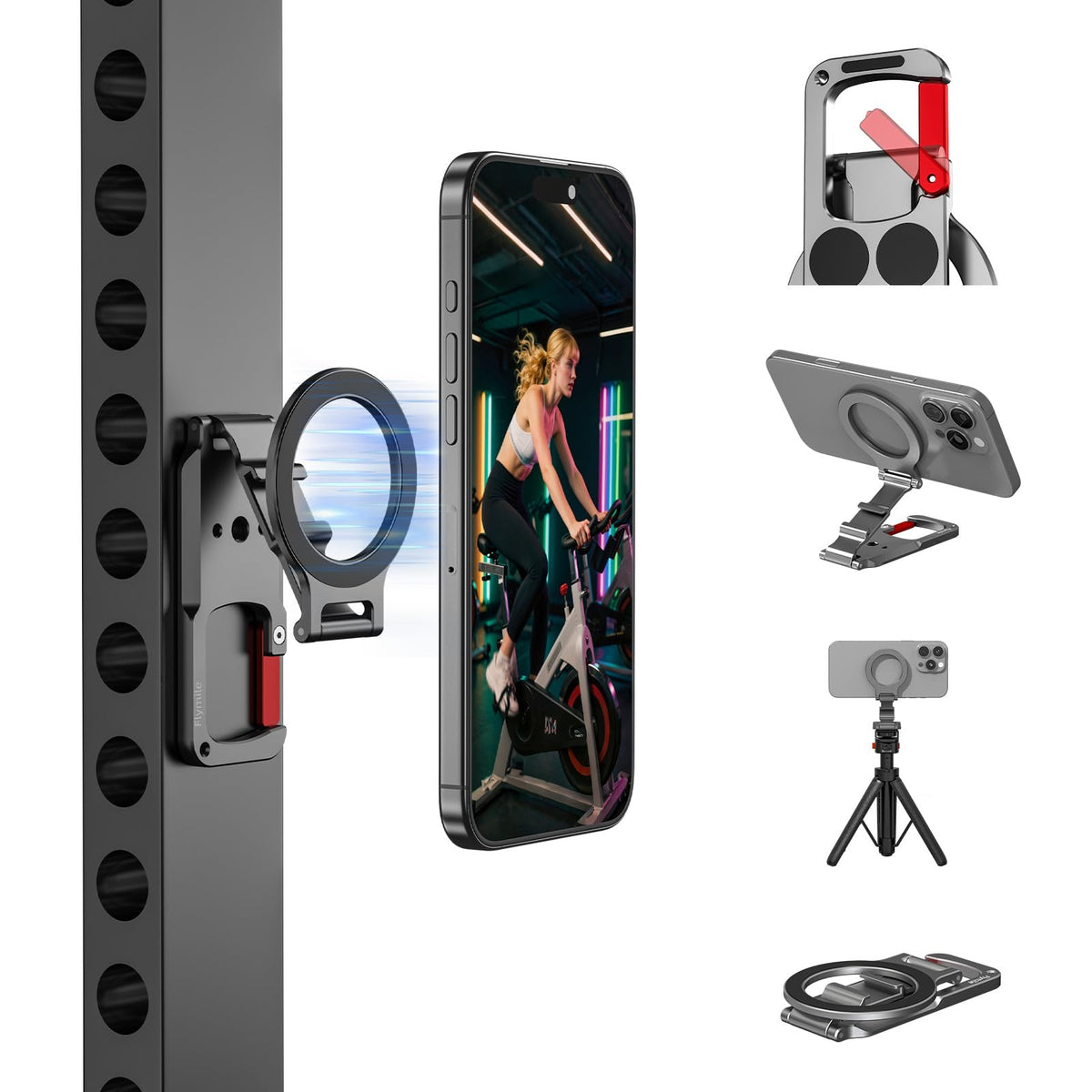 BRDRC Magnetic Phone Mount for MagSafe, Maglock Tripod Adapter Magnet Golf Gym Workout Stand Metal Carabiner Holder with 1/4 Screw Hole, for iPhone 16