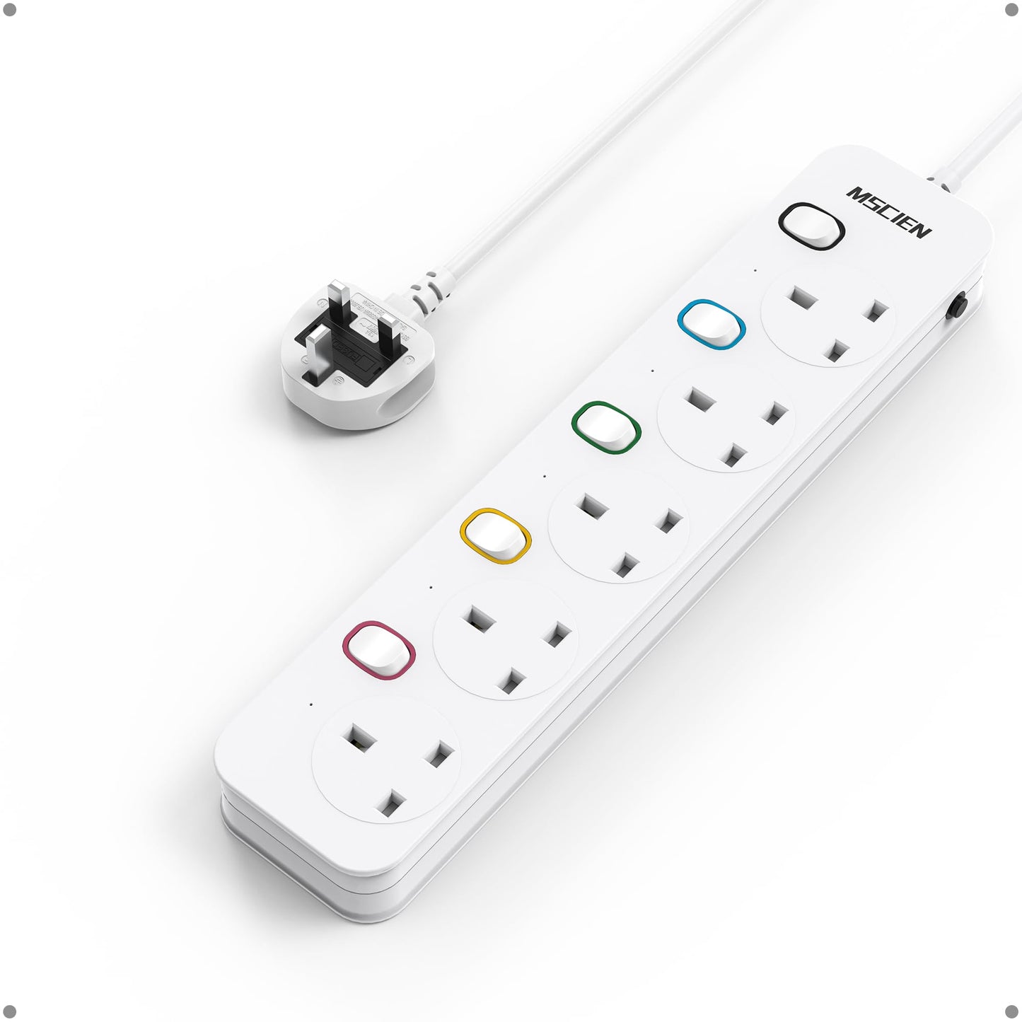 Mscien Extension Lead 3M 5 Way with Individual Switches, 3M Extension Lead Wall Mounted with Multiple Protection, Fused Power Strip, 56MM No Blocking