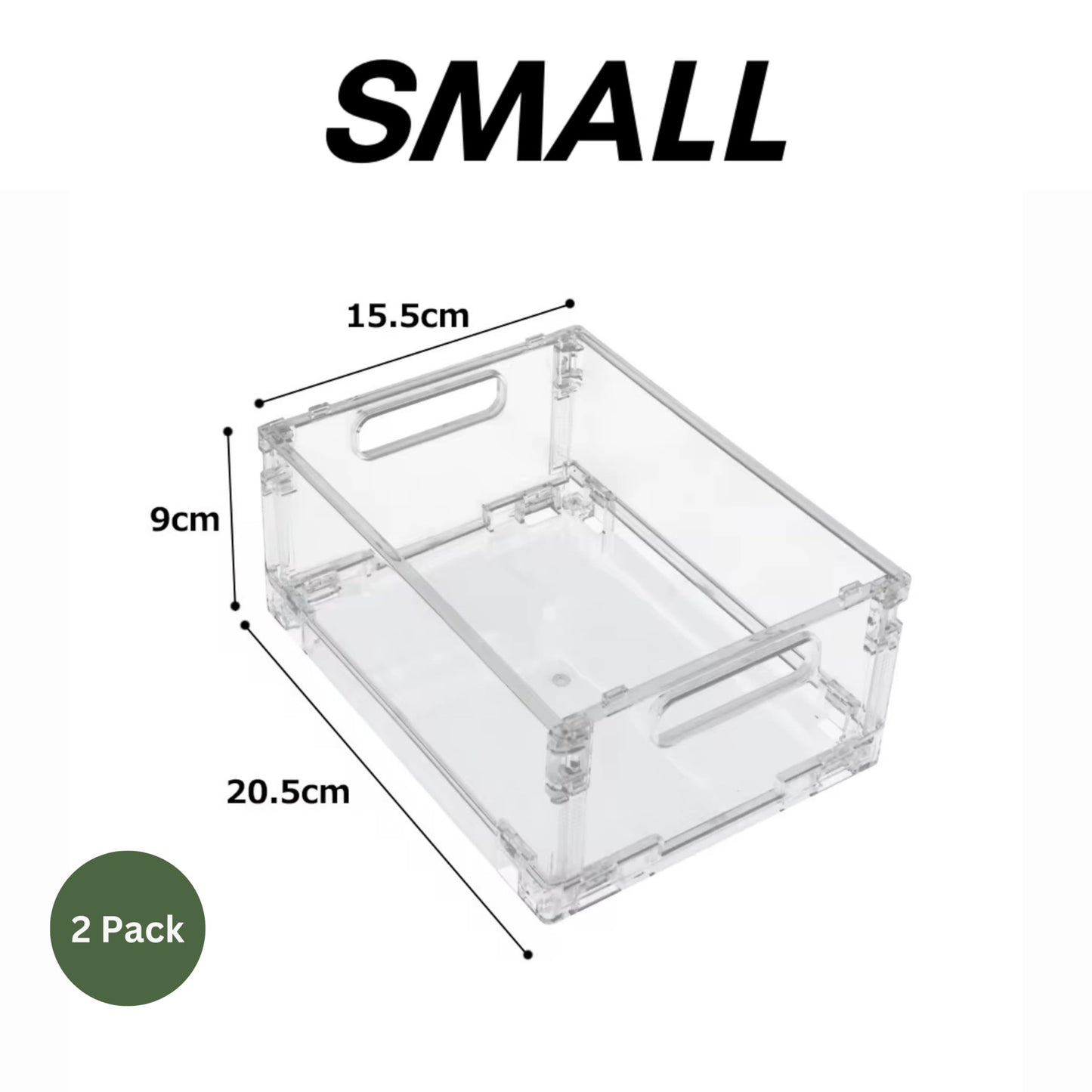 REHUK Premium 2 Pack Strong Transparent Plastic Collapisble Stackable Storage Organiser Box (Small - 20.5L x 15.5W x 9H CM)