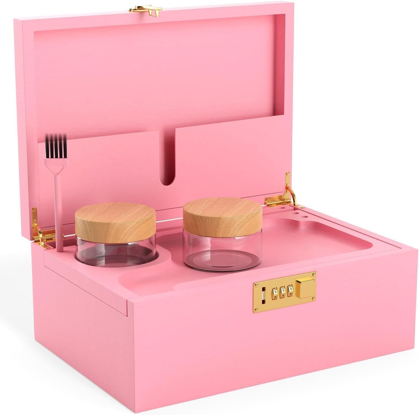 Pink Bamboo Wooden Stash Box with Lock, Wood Rolling Tray and Glass Storage Jars - Smoking Box with Lock, Glass Jars and Kit