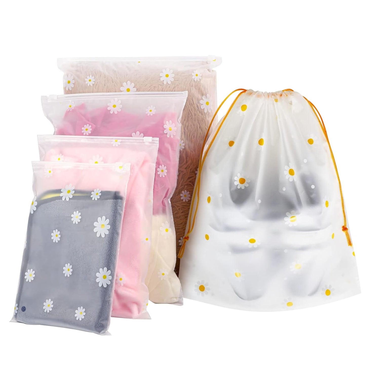 15 Pcs Waterproof Clear Drawstring Storage Bags, Daisy Print Zip-Lock Bags
