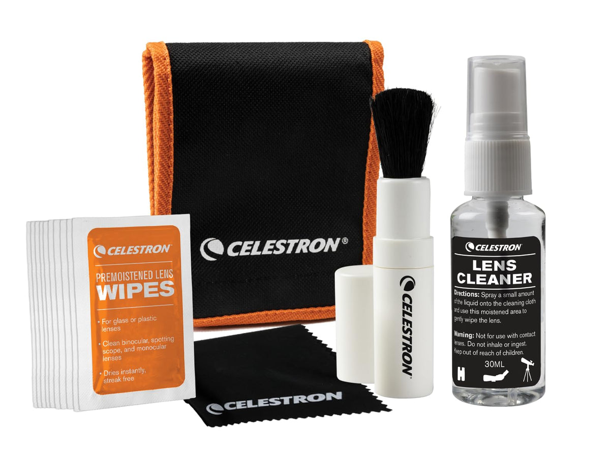 Celestron 93576 Lens Cleaning Kit - Includes 10 x Lens Wipes, Cleaning Fluid, Lens Cloth and Retractable Lens Brush in a Soft Carry Pouch,