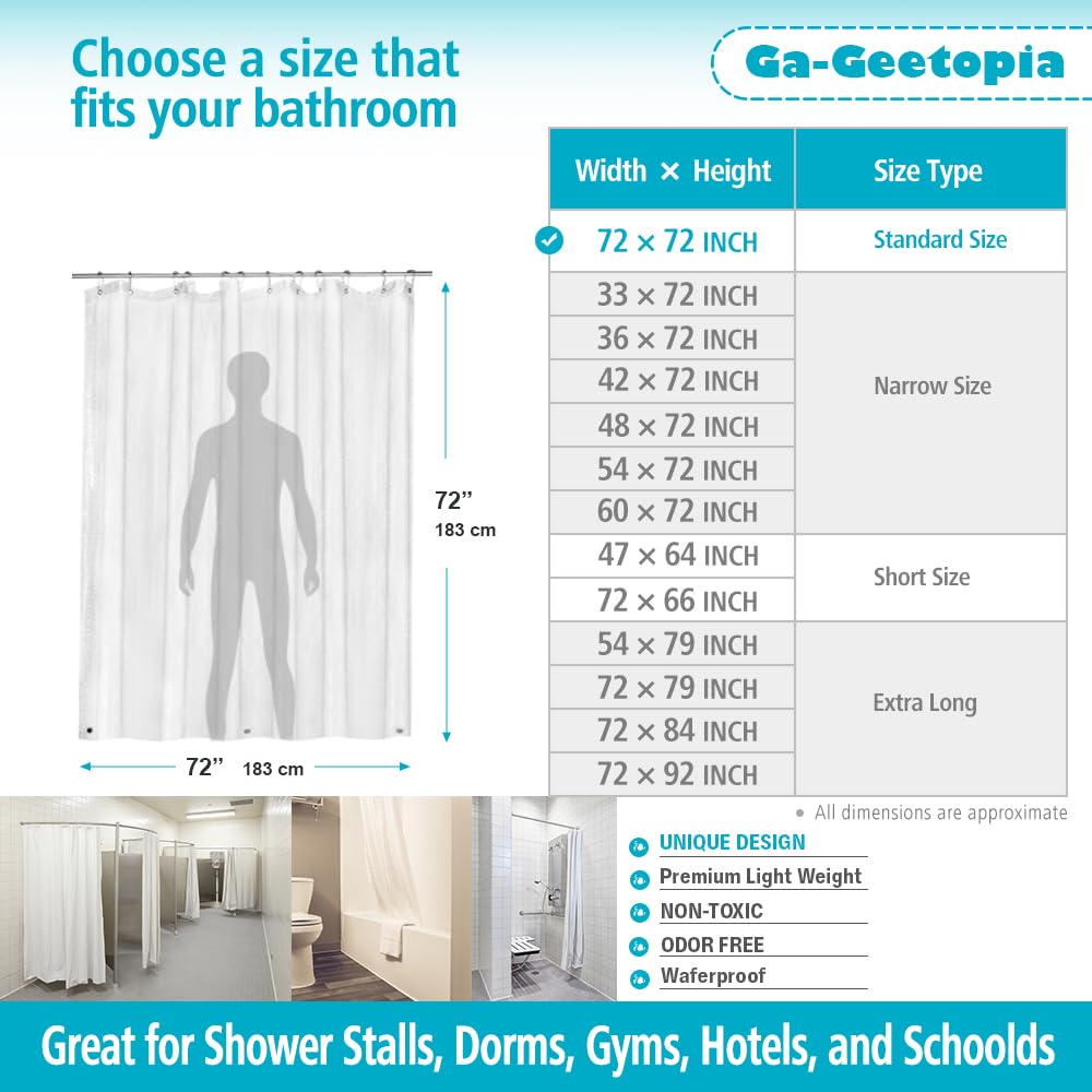 Ga-Geetopia EVA Shower Curtain Liner Clear, 72x72 Inch 3.2G Light Weight Plastic Bathroom Shower Curtain with 3 Magnets for Shower Stall, Bathtubs