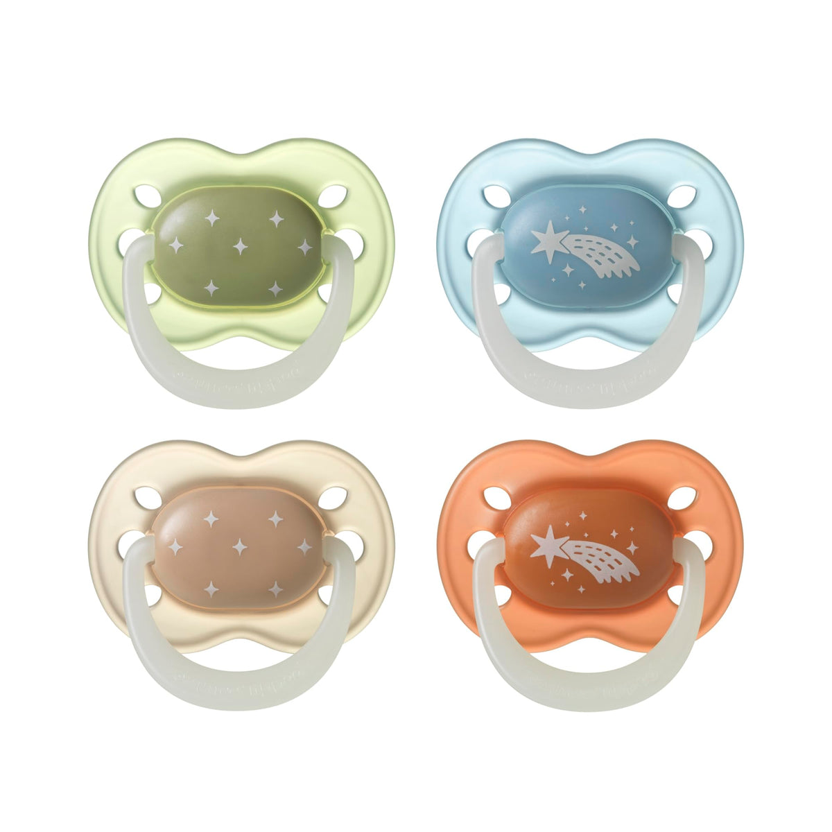 Tommee Tippee NightGlow Dummy, 0-6 Months, 4 Pack, Glow in The Dark, Orthodontic Soother, Extra Air Holes, Symmetrical Teat, Steriliser Safe, BPA