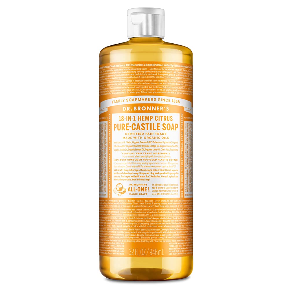Dr Bronner's 18-in-1 Citrus Orange Pure-Castile Liquid Soap, Made with Organic Oils, Used for Face, Body, Hair, Laundry, Pets and Dishes, Certified