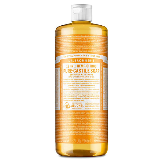 Dr Bronner's 18-in-1 Citrus Orange Pure-Castile Liquid Soap, Made with Organic Oils, Used for Face, Body, Hair, Laundry, Pets and Dishes, Certified