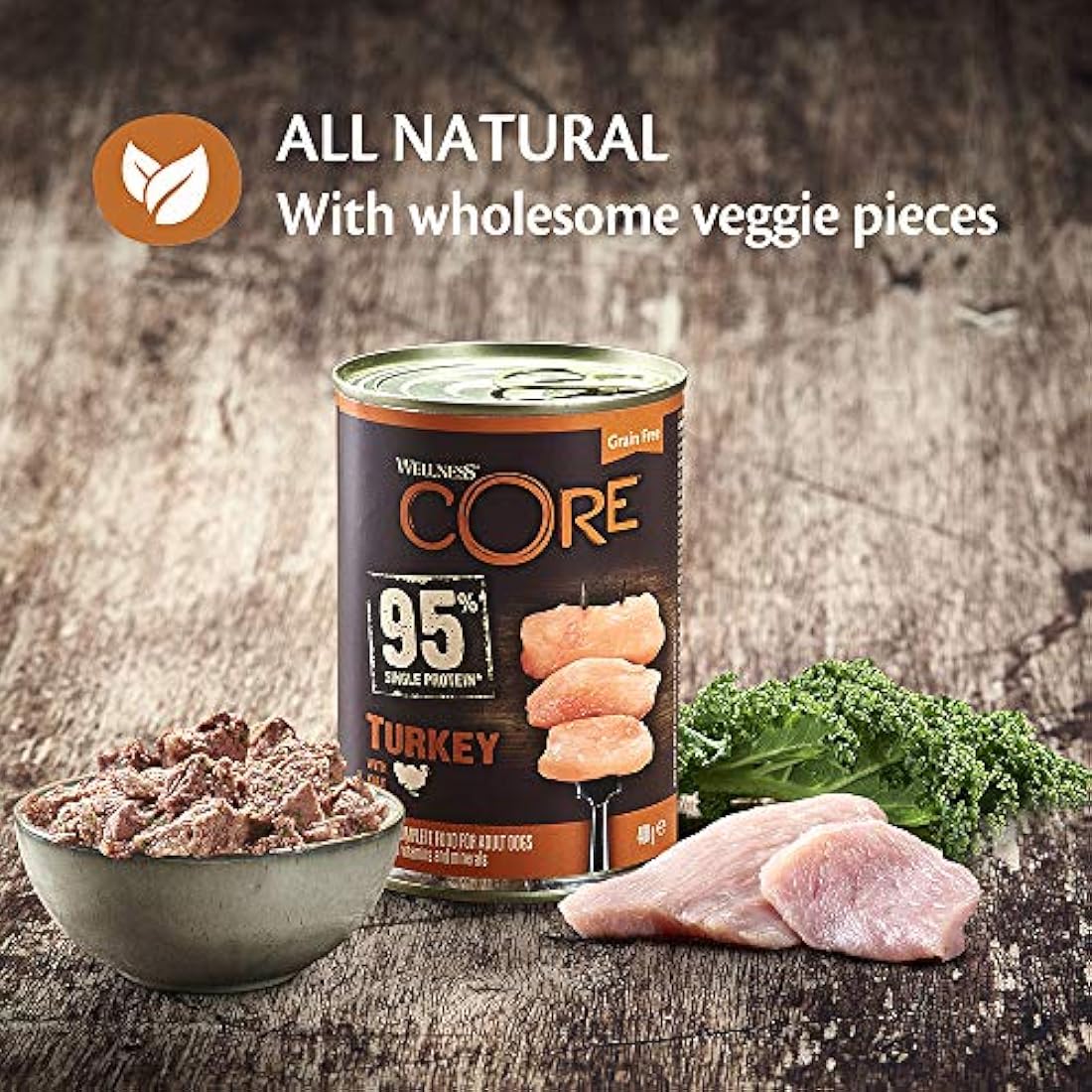 Wellness CORE 95 Percent Turkey & Kale, 6 x 400g, Dog Food Wet for All Dog Breeds, Chunky Paté, Grain-Free, High Meat Content, Protein-Rich, Limited Ingredient Recipe