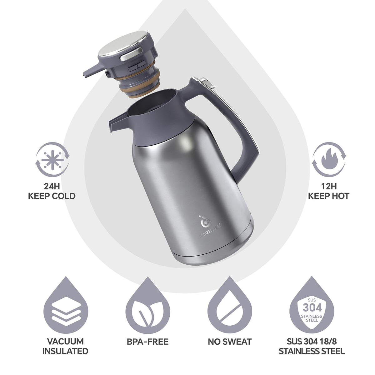 IDEUS Vacuum Insulated Coffee Carafe, 68 oz (2 Liters) Stainless Steel Milk Jug Thermal Tea Pot Hot & Cold Water Beverage Dispenser (Silver)