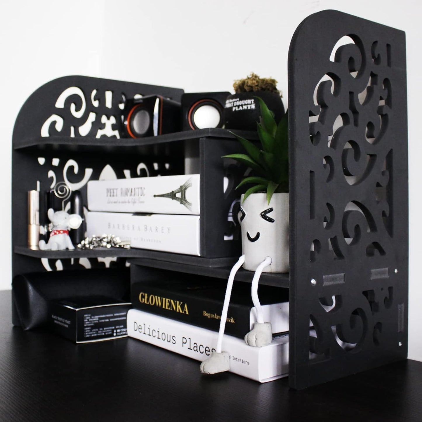 DoToGo Desk Shelf Organizer, Deskop Bookshelf for Small Space Adjustable Expendable for Office, Home, Kitchen (black-wanqu-lk)