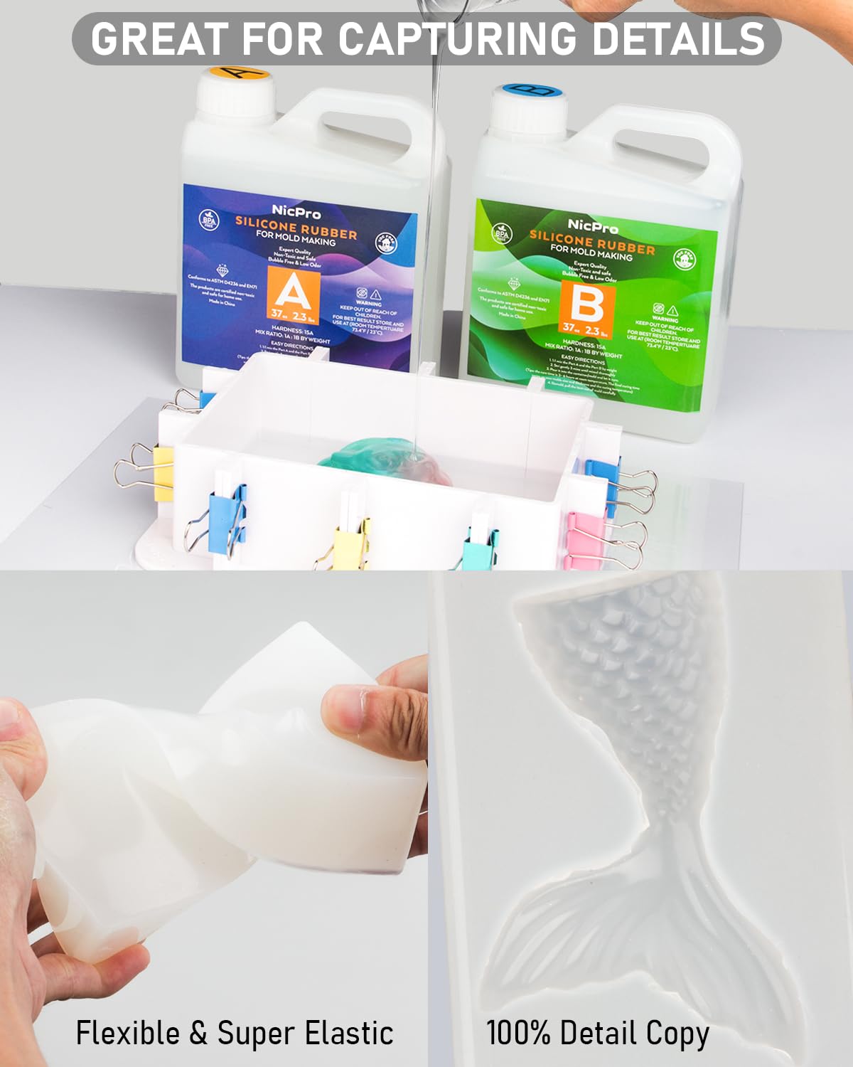 Nicpro 74oz/2188ml Silicone Mold Making Kit, Platinum Liquid Silicone Rubber for Mold Maker, Translucent Flexible & Food Safe Mix Ratio 1:1 for