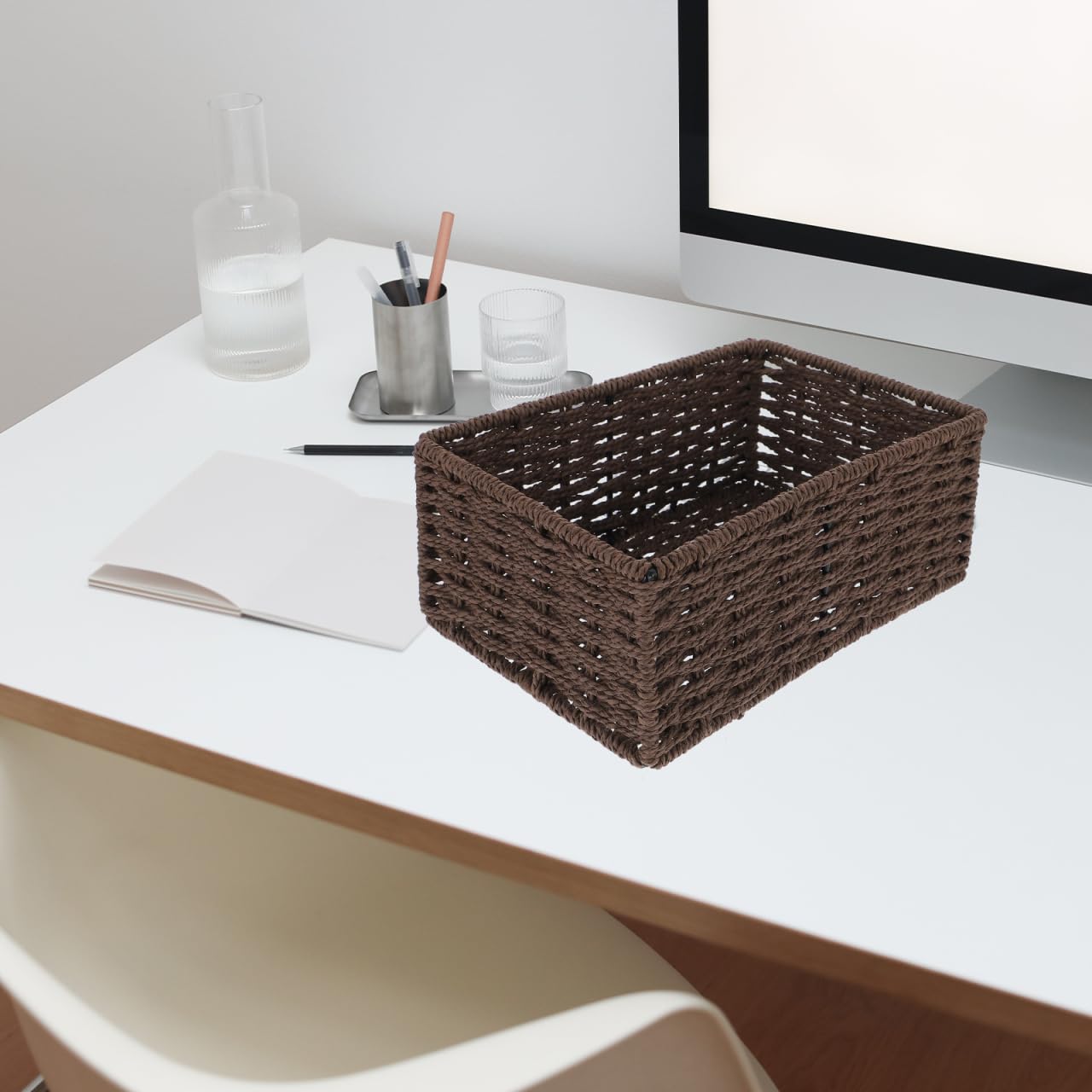 Healifty Rattan Storage Box Coffee Small Desktop Organizer Basket 8.74X6.10X3.54In Woven Storage Basket for Sundries and Home Decoration