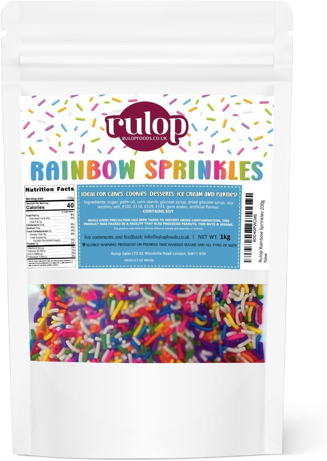 Rulop Dairy Free Rainbow sprinkles 1kg, Colourful Sugar Strands That Are a Tasty and Exciting Option For Topping Cakes, Ice Cream and Cookies (1kg)