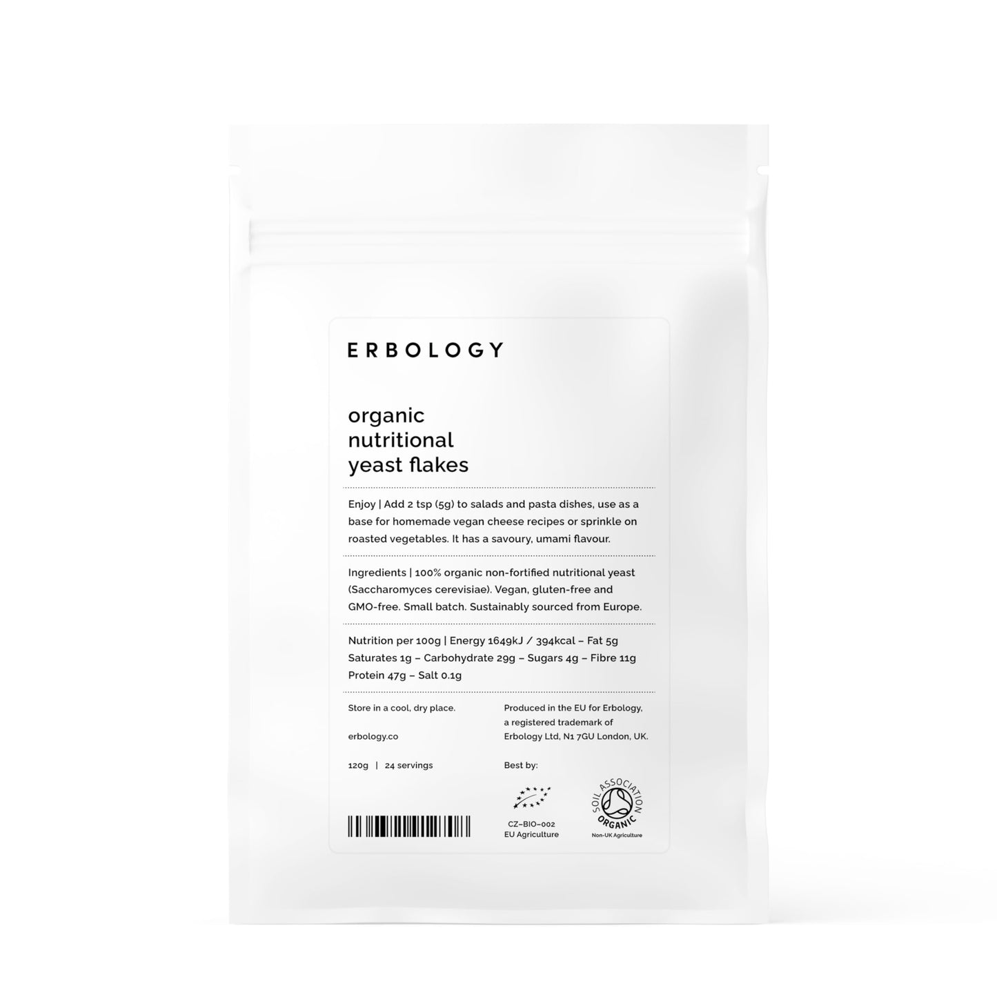 Erbology Organic Nutritional Yeast Powder 120g - 24 Servings - Non-Fortified - Immunity and Gut Health Support - Rich in B Vitamins - Sustainably
