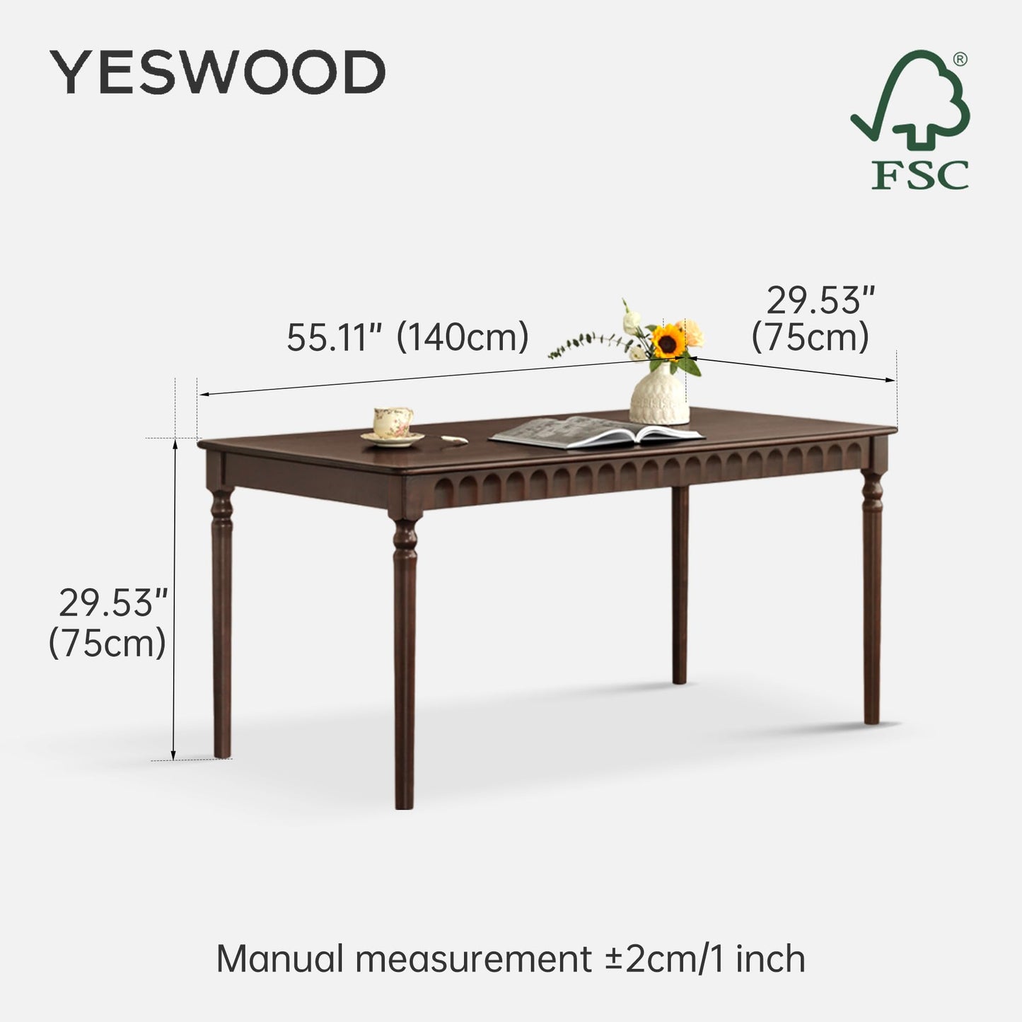 140cm Solid Poplar Wood Dining Table Dark Walnut Finish Rectangular Solid