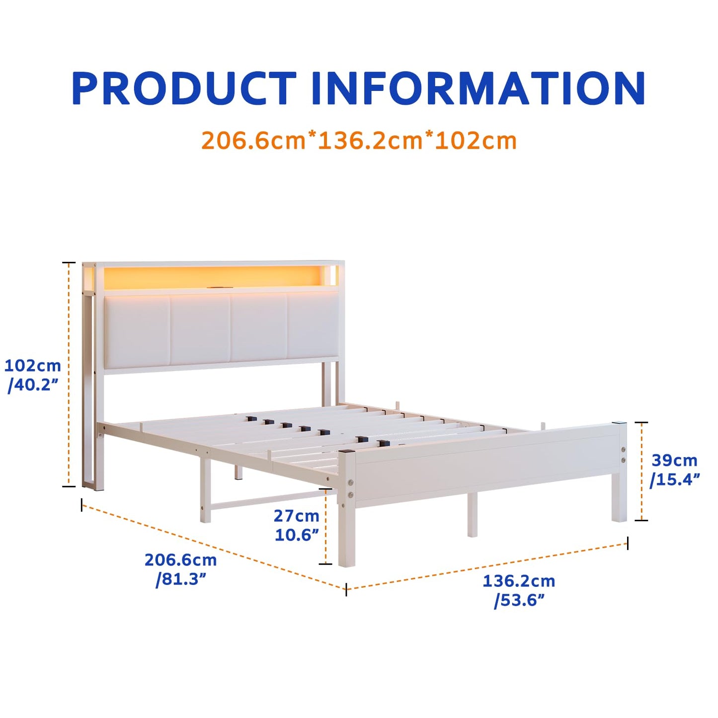 FOUBAM 4FT6 Small Double Bed Frame with Storage Headboard, White