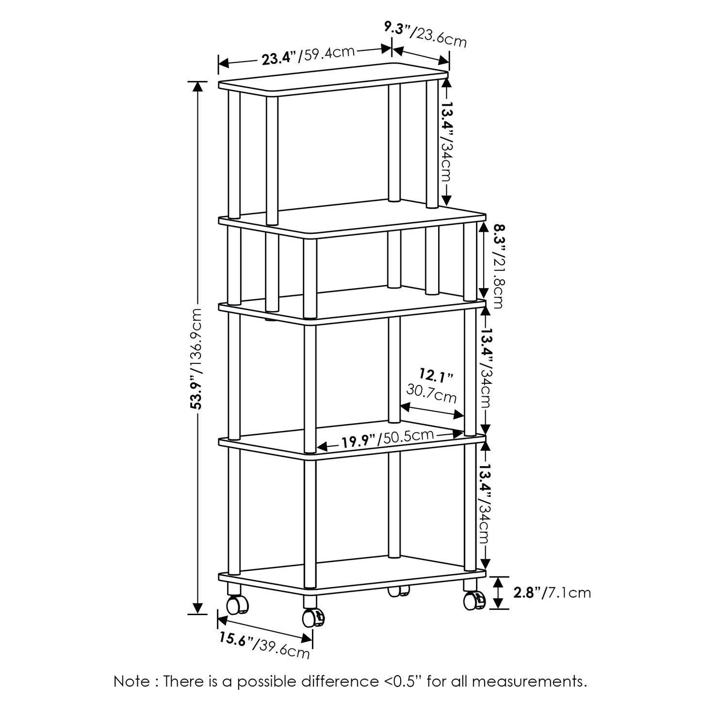 Furinno TURN-N-TUBE Bakers Rack with Wheels, 5-Tier Kitchen Storage Cart, Kitchen Cart, Coffee Bar, Pantry Organizers and Storage, Columbia Walnut