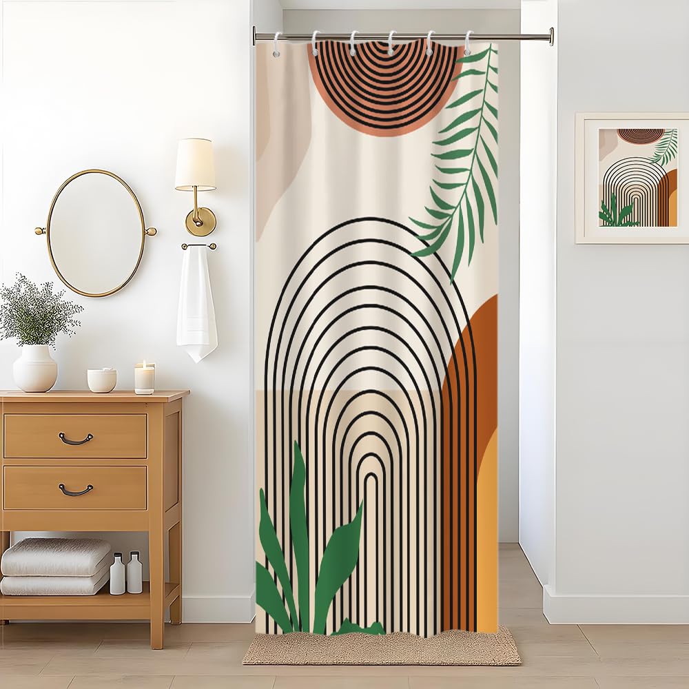 Uiiooazy Abstract Stall Shower Curtain, Boho Mid Century Terracotta Arch Green Leaves Bath Curtain Anti Mildew Waterproof Polyester Fabric Washable