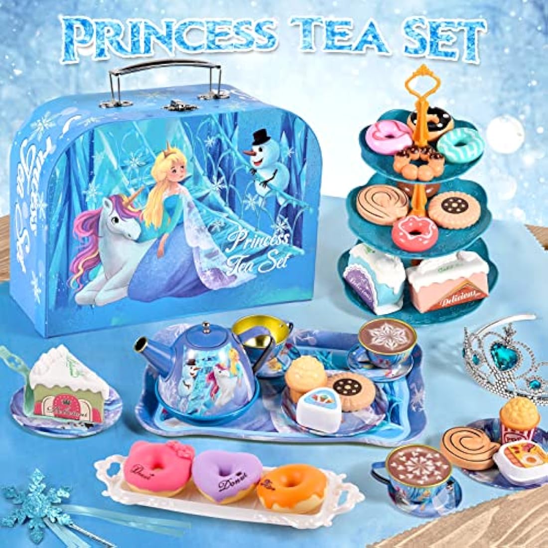 Toddlers Tea Set Frozen Toys Gifts for Girls 3 4 5 6 7 Years Frozen Elsa Tin Tea Party Set & Luxury Food Playset & Carry Case Princess Tea Time Kitchen Pretend Play Toys Princess Gift for Kids Girls