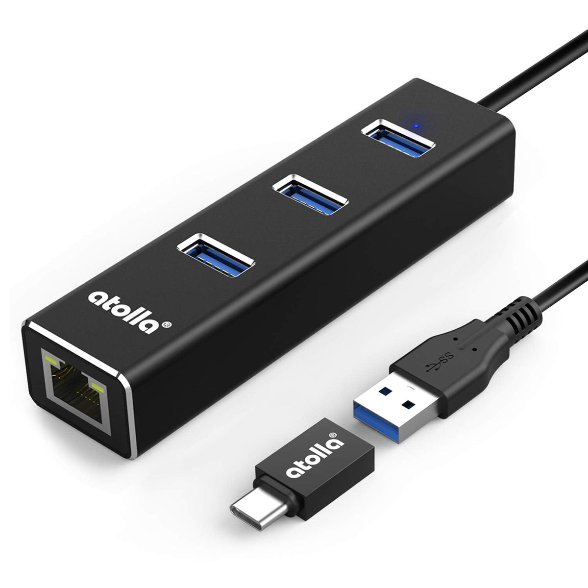 atolla USB LAN Adapter, Aluminium USB Hub with 3 USB 3.0 Ports and RJ45 Gigabit Ethernet Network Adaptor, USB Ethernet Adapter for Windows 10, 8.1, 8,