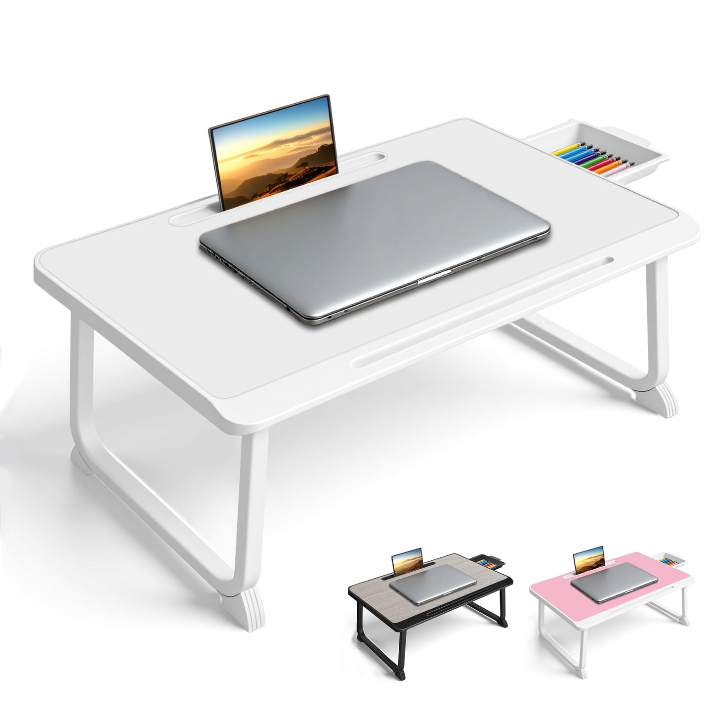 Lap Desk, Bed Table with Drawer, for Laptop, Reading, Writing, Eating & Watching Movies on Bed, Sofa, or Floor, Office and Home (White)