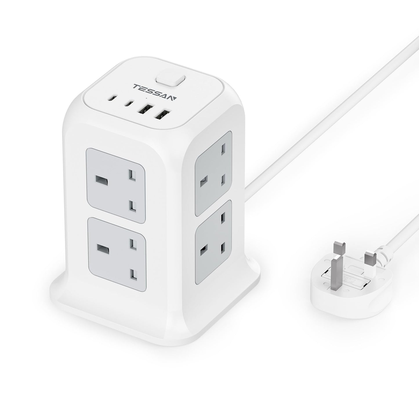 Tower Extension Lead 4 USB Slots (2 USB C), TESSAN Extension Lead 13A 3250W, 8 Way Multi Plug Socket Power Strip with Switch, Multiplug Adaptor with