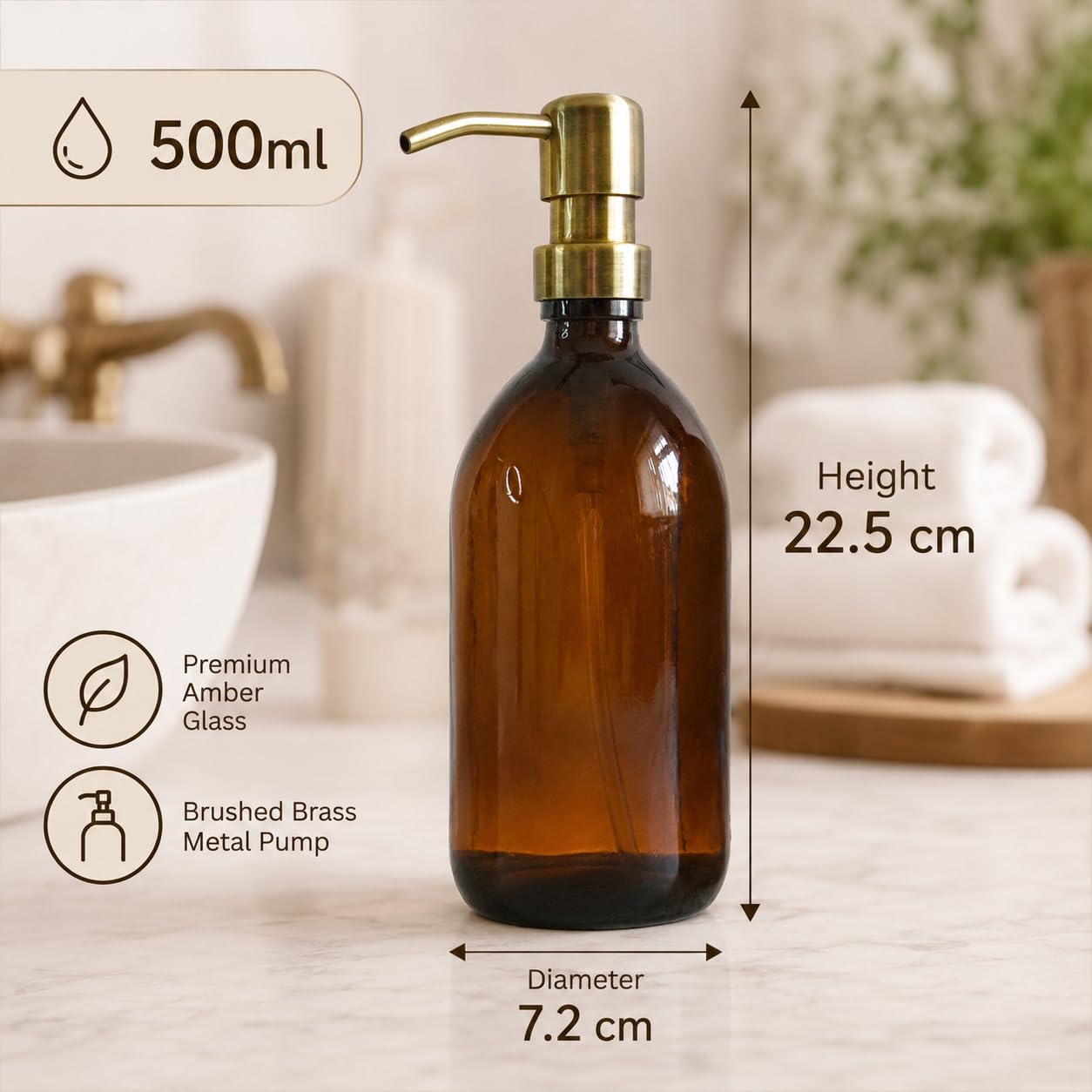 Amber Glass Bottles 500ml Soap Dispenser with Metal Pump (BPA-Free) Brown Glass Empty Soap Dispensers – Reusable Refillable Eco friendly