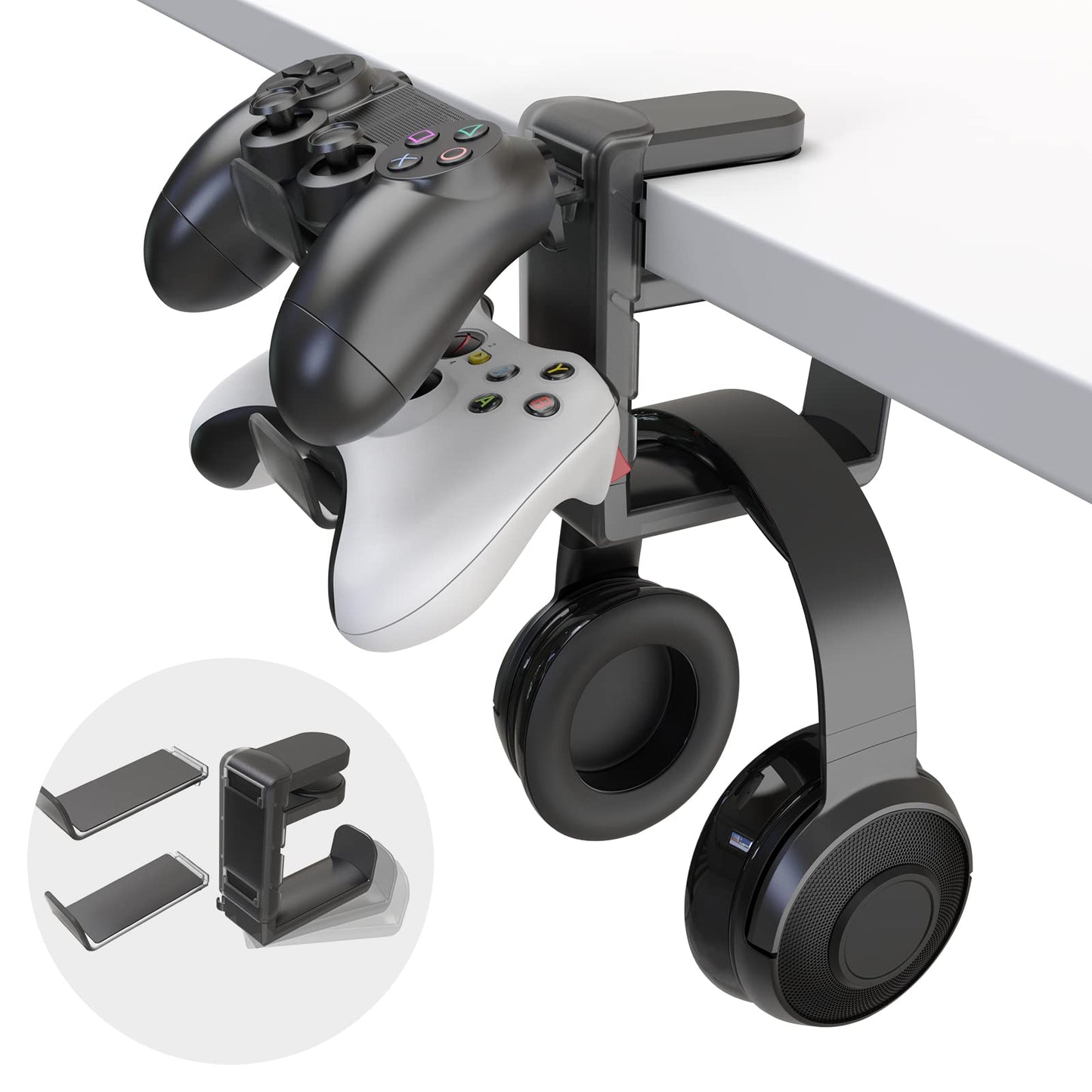 3-in-1 Headset&Controller Holder-Rotatable Gaming Accessories Headphone Holder with Clamp & Detachable Holder for Controller & Cable Organizer, PC