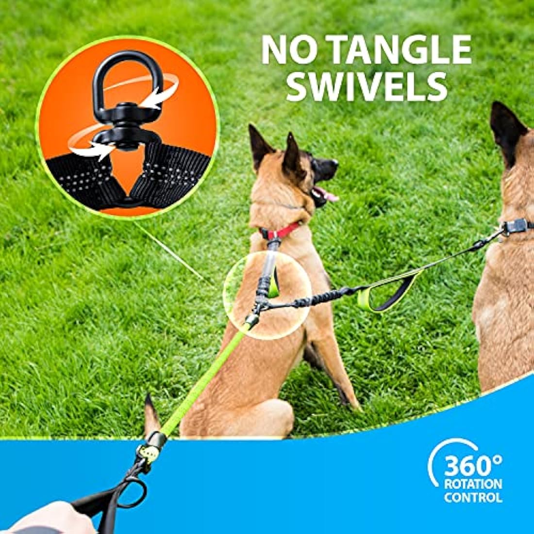 SparklyPets Double Dog Leash for 2 Dogs – Rope Bungee Dual Leash for Medium and Large Breeds with Padded Handles & Tangle Free (Green, Medium/Large)