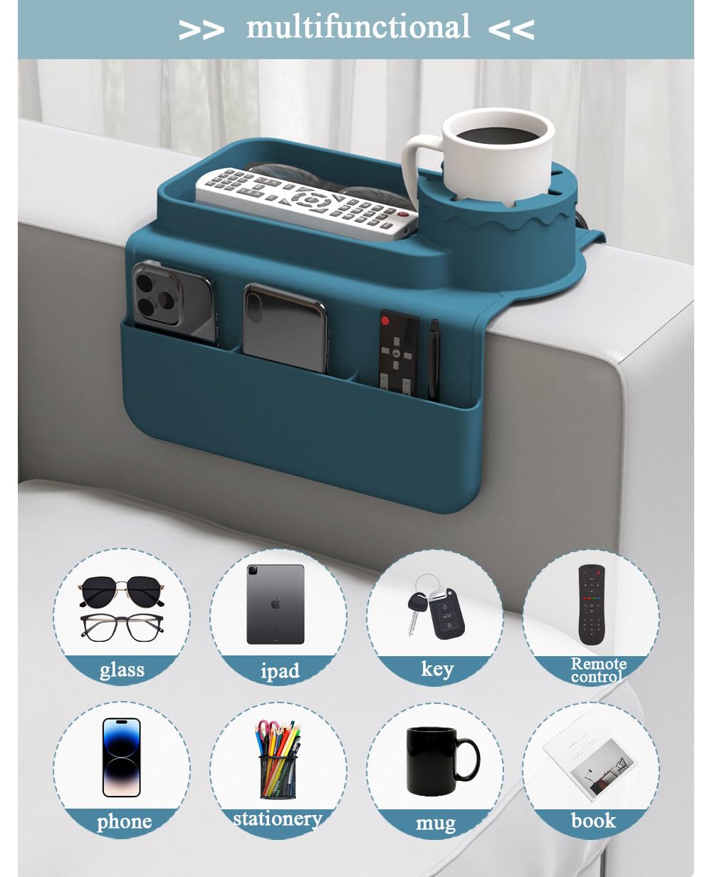 Hosoncovy Silicone Sofa Couch Cup Holder Tray Drink Holder with Side Pockets for Sofa Arm Couch Caddy Anti-Spill for Chair Recliner,Armrest Remote