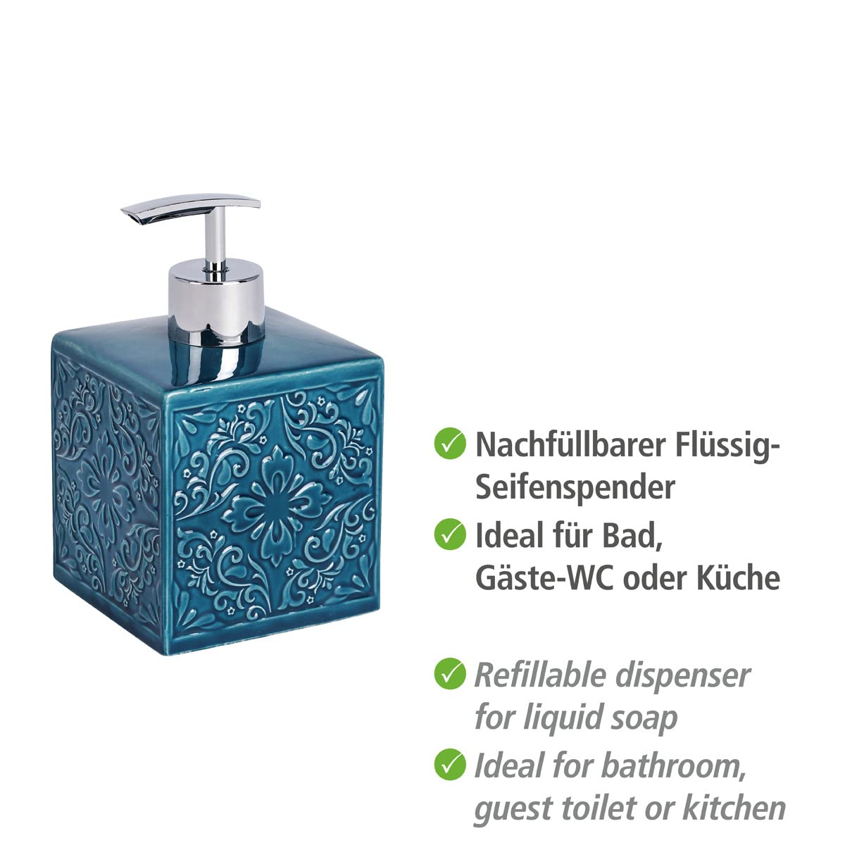 WENKO 22653100 Soap dispenser Cordoba Blue - dispenser for liquid soap Capacity: 0.5 l, Ceramic, 8.5 x 13 x 8.5 cm, Blue