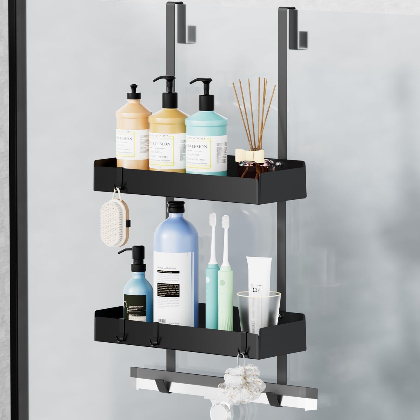 Wisfame Shower Caddy Hanging Organiser Storage, Rustproof Over Door Shower Shelf Basket No Drilling with 8 Hooks, Bathroom Shelves Rack No Drilling