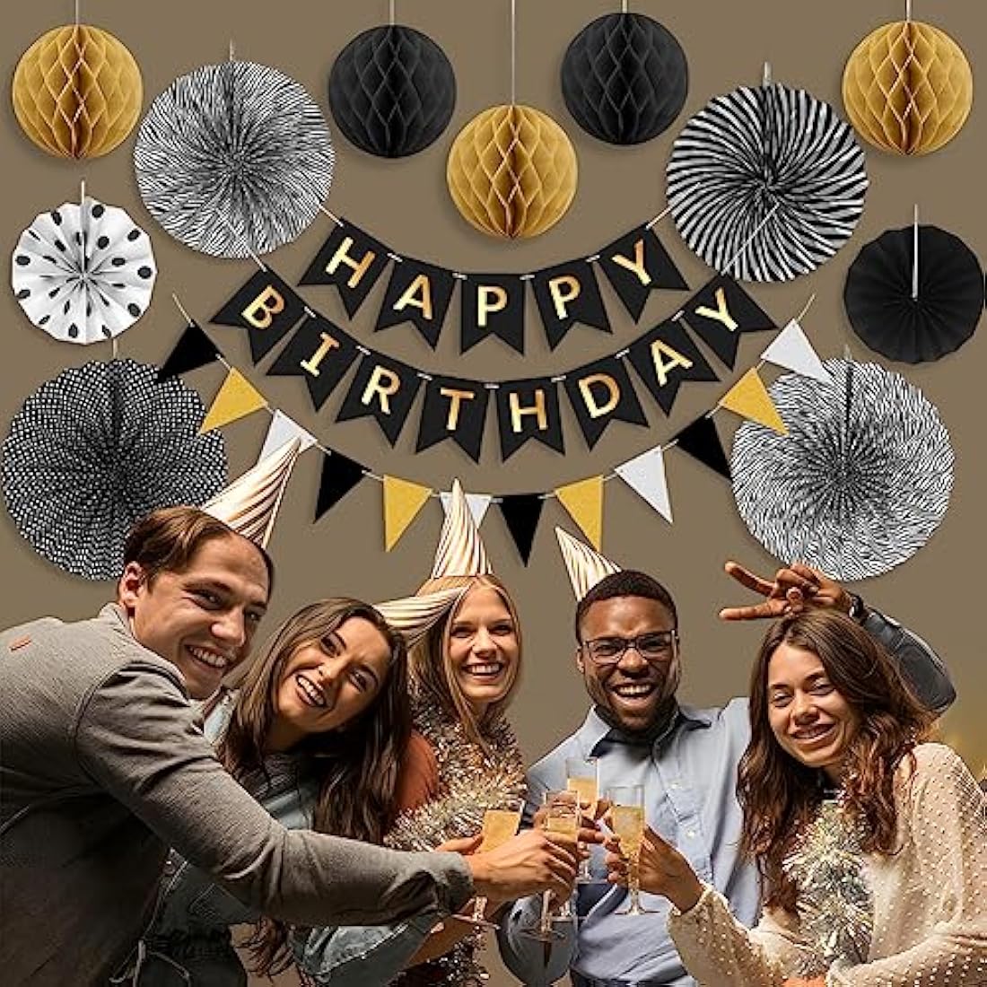 Black Gold Birthday Decorations Kit Reusable Mens Birthday Party Decorations Reusable Black & Gold Banner Bunting Honeycomb by Wonsta