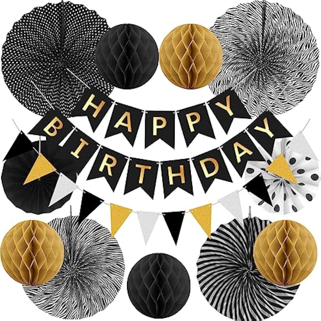 Black Gold Birthday Decorations Kit Reusable Mens Birthday Party Decorations Reusable Black & Gold Banner Bunting Honeycomb by Wonsta