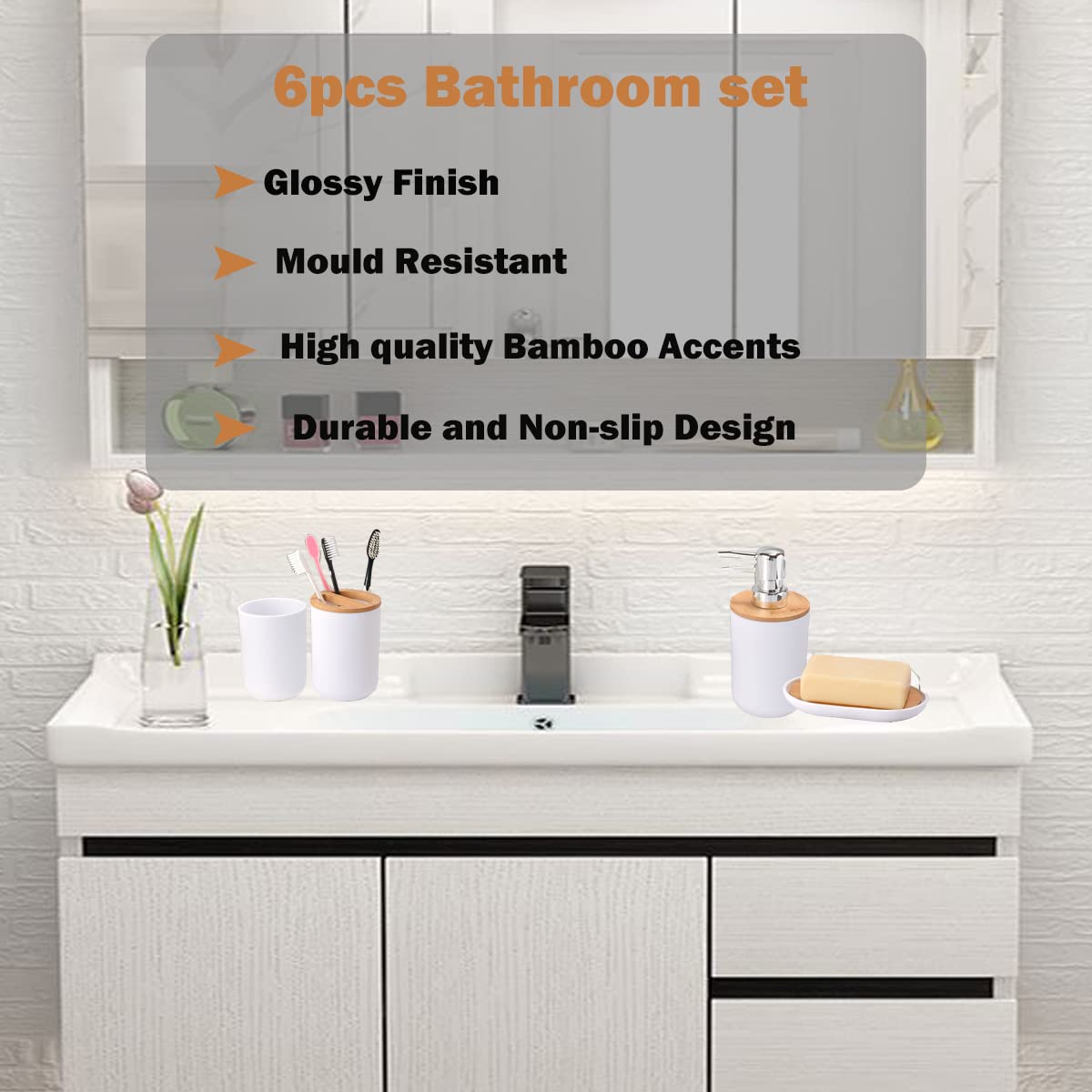 Yorkmills Bamboo Bathroom Accessories, 6 Pieces White Bathroom Accessory set, Bathroom Bin Toilet Brush Set, Durable Toothbrush Holder Cup