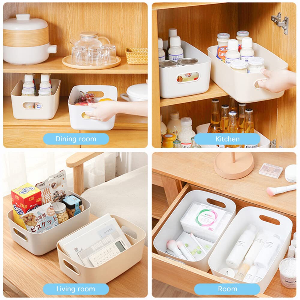 Bgfuni Set of 4 White Plastic Storage Baskets, Kitchen Cupboard Storage Tray, Bathroom Drawer with Handle for Stacking Kitchen, Bedroom, Office