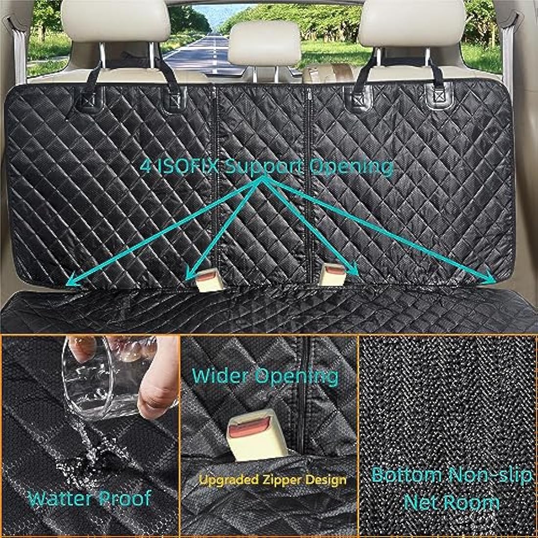 ANOSOSPECIAL Dog Car Seat Cover for Back Seat Cover for Kids ISOFIX with Dog Seat Belt Non Stick Fur Car Seat Protector for Dogs Nonslip Water Proof Durable for Truck SUV（Black ISOFIX-Large）