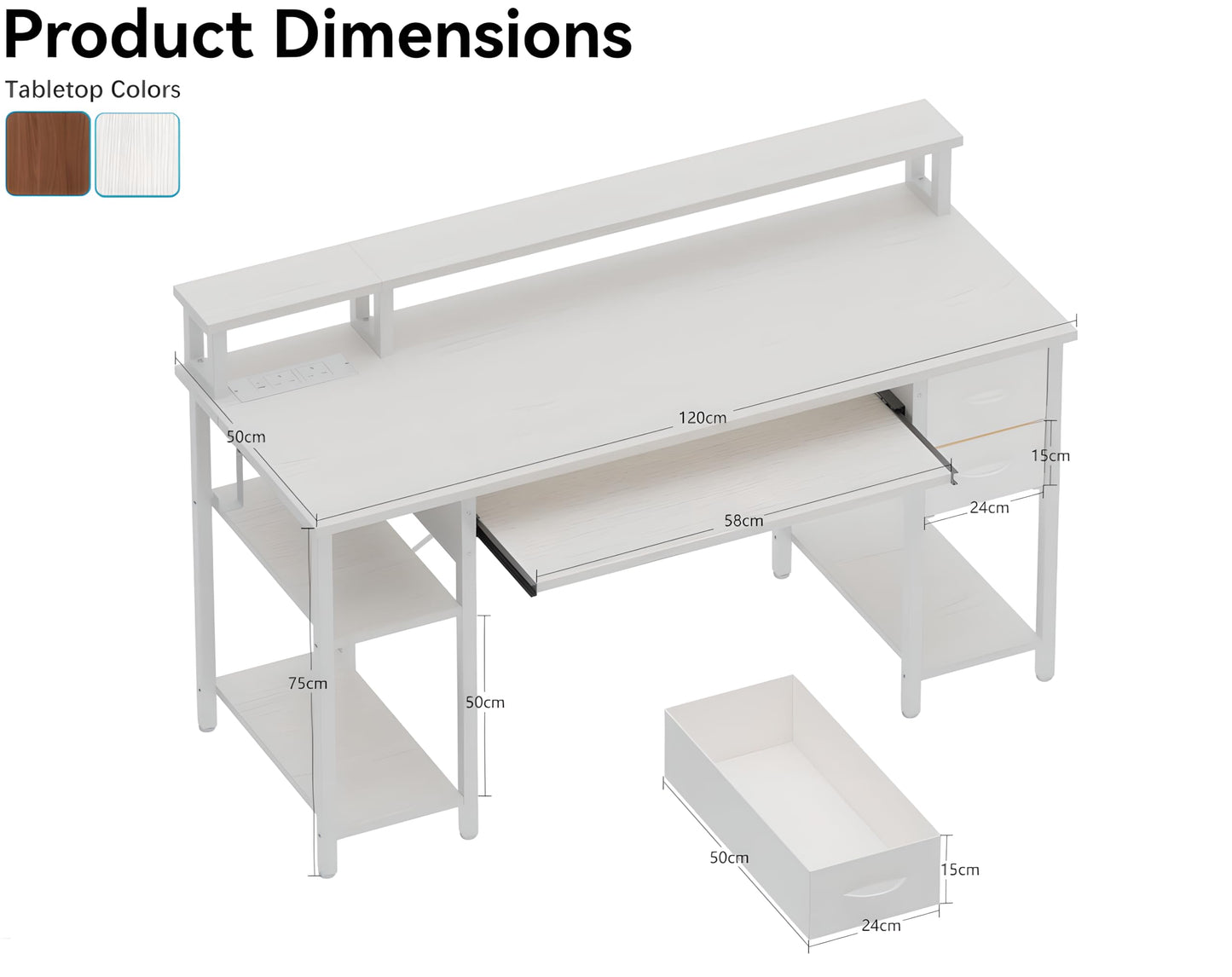 Xyphren Computer Desk with Drawers, 120x50cm Office Desk with Keyboard Tray with Power Outlet & Monitor Stand