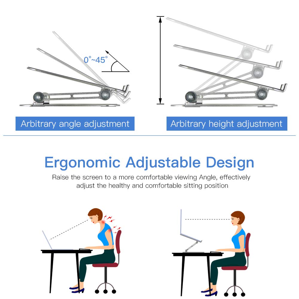 MISOTT Laptop Stand, Ergonomic Adjustable Laptop Riser, Computer Stand for 10-15.6" Laptops and Tablets (Aluminum, Silver)