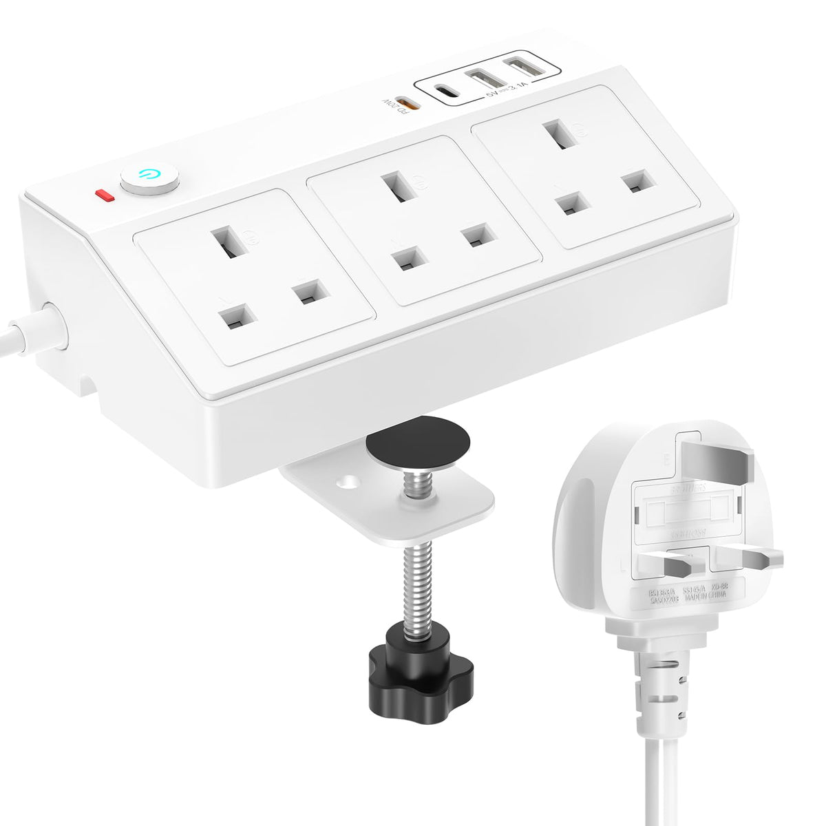 Desk Extension Lead with USB Slots, HAFINO PD 20W Fast Charging Power Station, 2M White Desk Power Socket with Removable Clamp, Desktop Power Strip