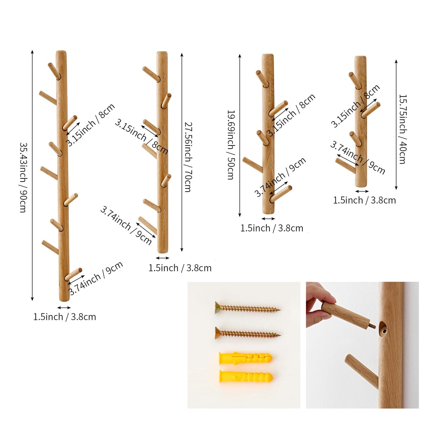 OAKERLAND Wooden Coat Rack Wall Mounted, Oak Floating Jackets Hooks for Bag, Scarves, Handbags, 4 Hooks Branch Shape Coat Rack for Entryway