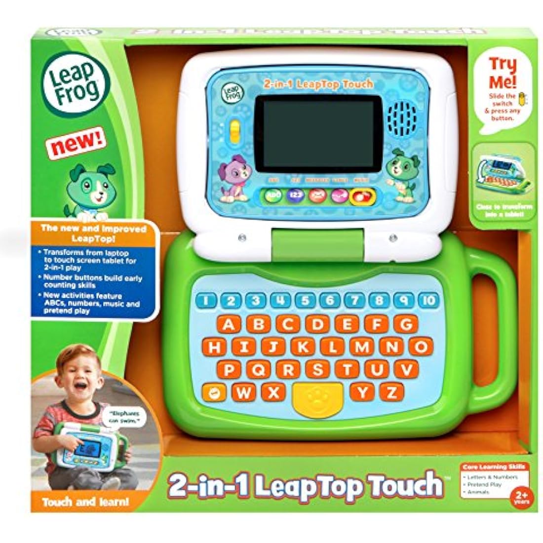 LeapFrog 2 in 1 LeapTop Touch Laptop, Green, Learning Tablet for Kids with 10 Modes of Play, Kids Laptop with Letters, Numbers, Vocabulary and Animals, Learning Toy Laptop for Kids Ages 2 Years +