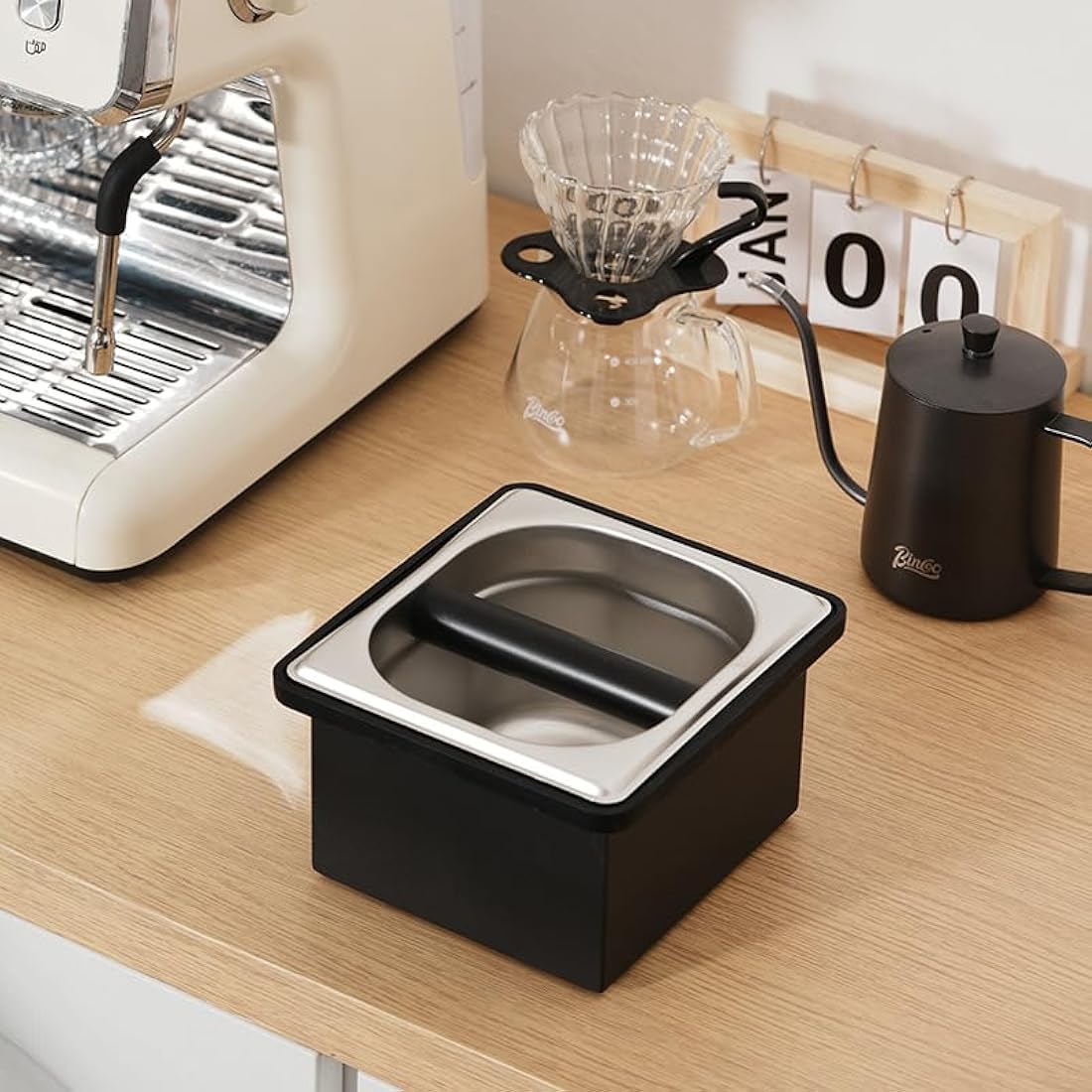 Coffee Knock Box, Espresso Knock Box Coffee Bin Barista Accessories Coffee Machine Accessories, Stainless Steel Small Coffee Knock Box Container with Silicone Knock Bar and Non Slip Base