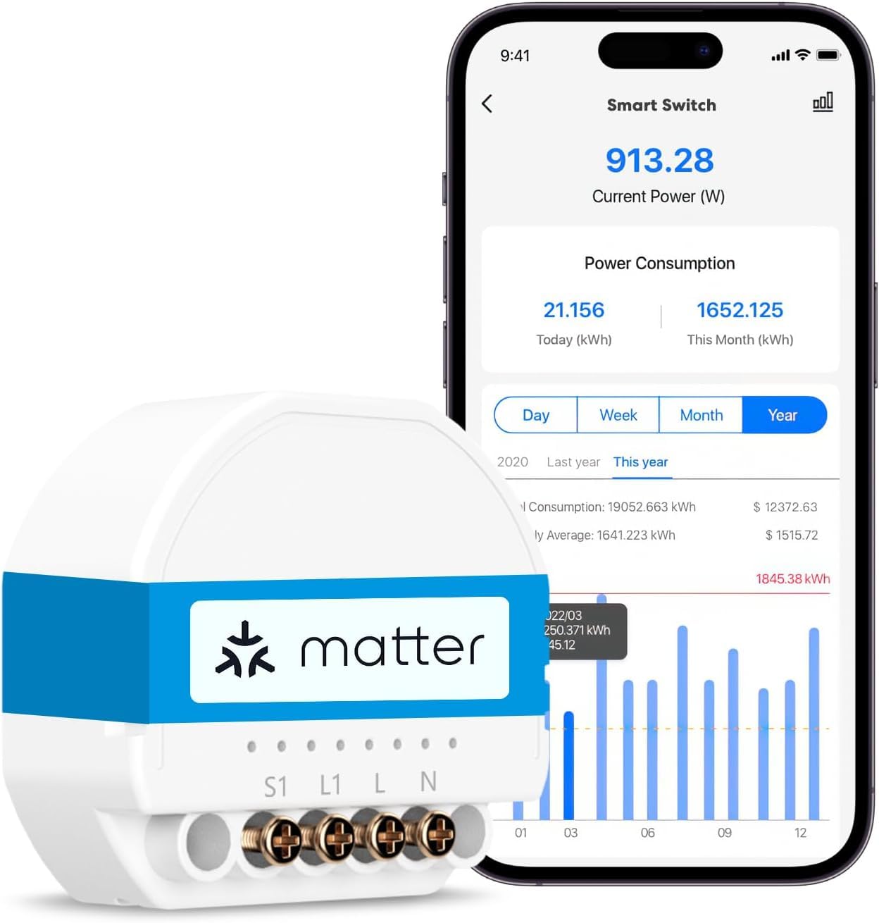 Meross Matter Smart Light Switch with Energy Monitor, Wireless Relay WiFi Switch Works with Matter/Alexa/HomeKit/Google Home, Smart Switch Module