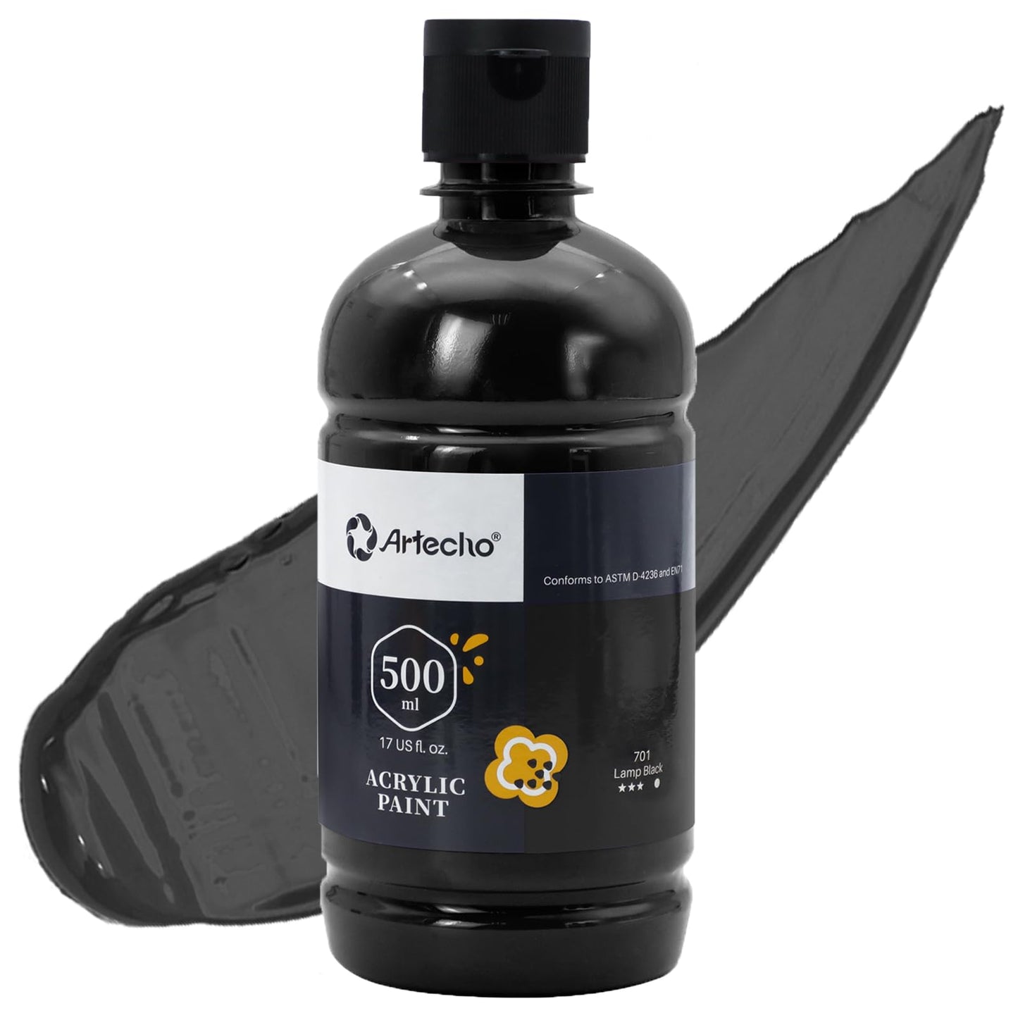 Artecho Lamp Black Acrylic Paint 500ml/17oz, Craft Paint for Art Supply, Ideal for Canvas, Fabric, Pumpkin, Rock, Leather, Model, Ceramic, Plastic,