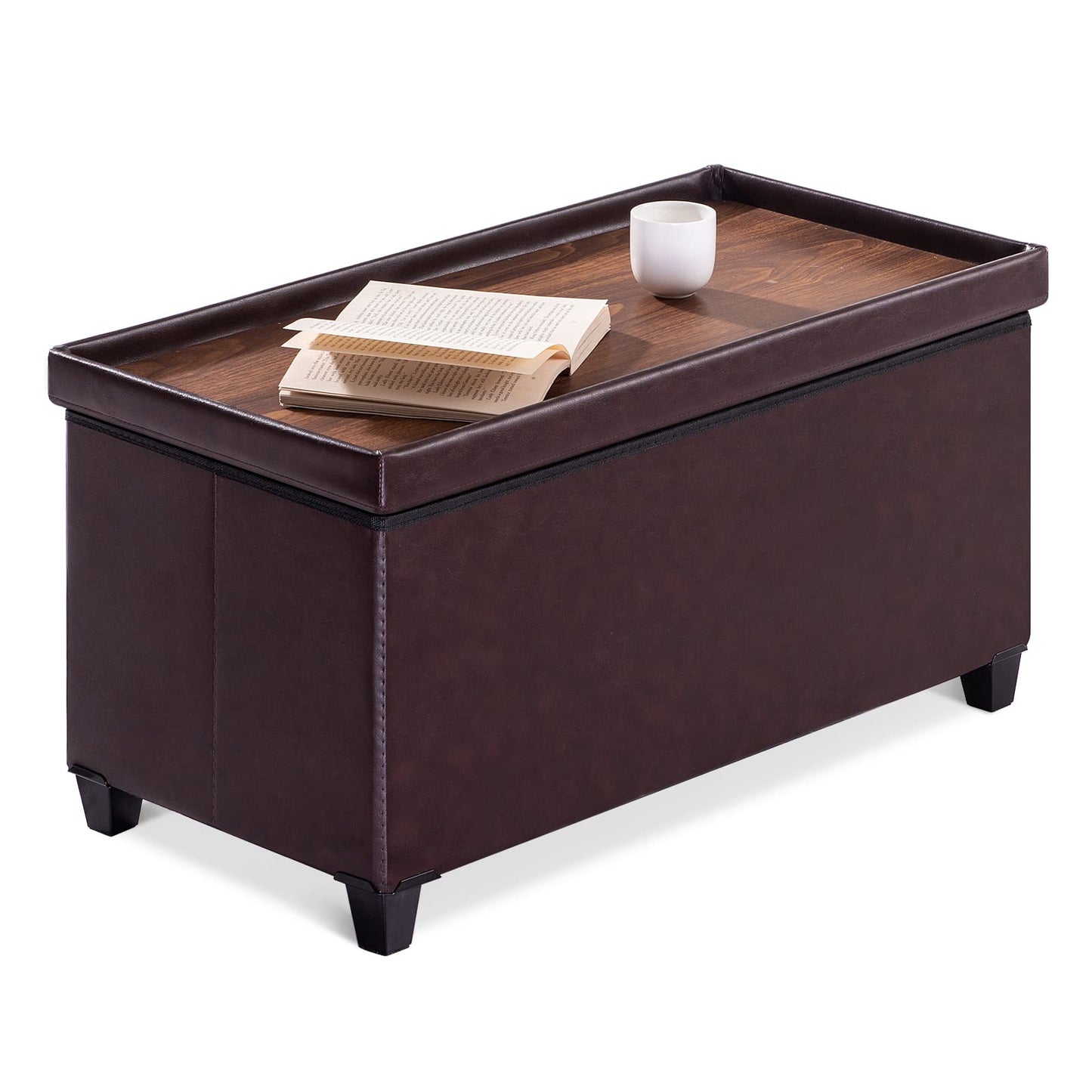 BRIAN & DANY Ottoman Storage Box with 4 Wood Legs, Faux Leather Storage Ottoman, Ottomans for Living Room, Brown, 76 x 38 x 38 cm