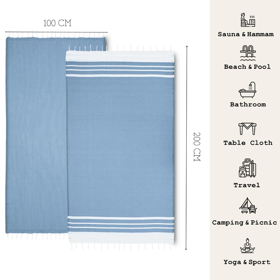 NOUR Hammam Towel Beach Towel Pack of 2 Large 100 x 200 cm 100% Cotton Picnic Blanket Sauna Towel Extra Light Absorbent Quick Drying Sand-Free