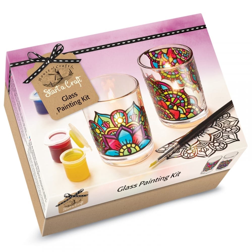 House Of Crafts Glass Painting, Single Craft Kit, Multicoloured, Start A Craft Set Includes 2 Candle Glasses, Peel Off Outlines, 5 Glass Paints,